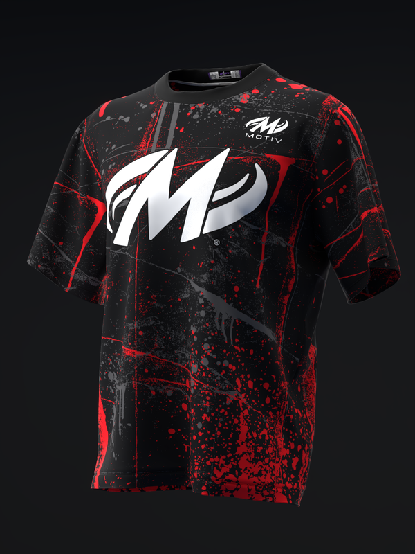 Black bowling jersey with red splatter pattern and white Motiv logo, front view
