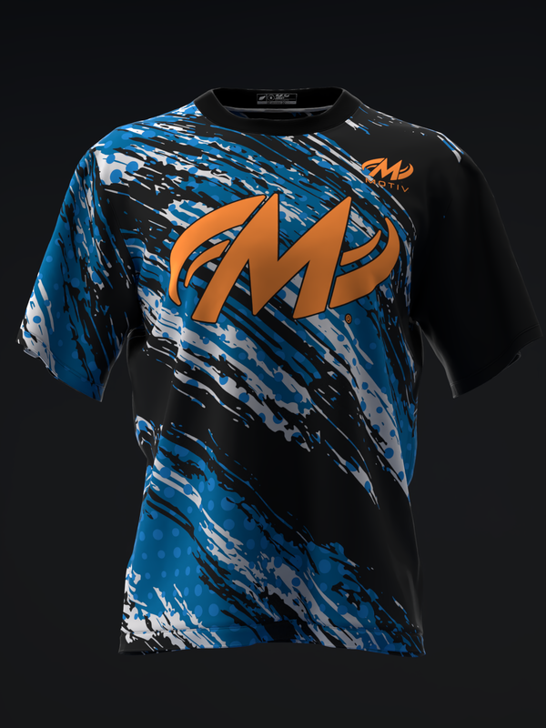 Blue and black bowling jersey with large orange Motiv logo and splatter pattern design