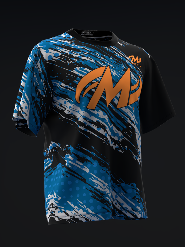 Black bowling jersey with blue brushstroke pattern and large orange logo