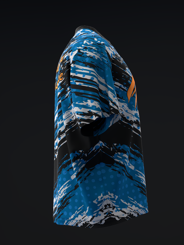 Blue bowling jersey with white and black camouflage pattern and orange accents, three-quarter view