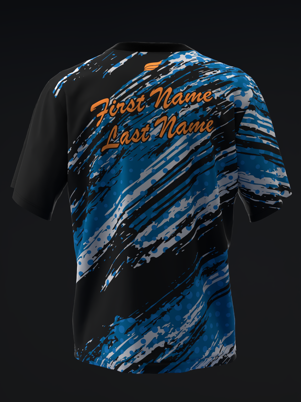 Black bowling jersey with blue and white diagonal brushstroke pattern and orange name text