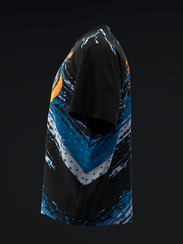Black bowling jersey with blue and orange abstract graphic pattern on sleeves