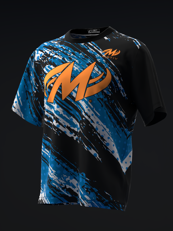 Black and blue bowling jersey with large orange Motiv logo and splatter pattern design