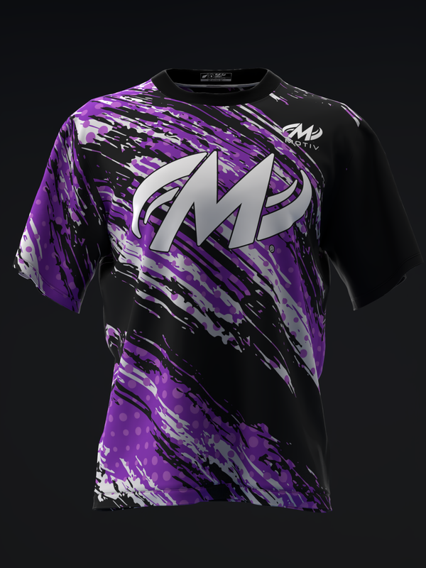 Motiv bowling jersey front view, purple and black abstract pattern with white M logo