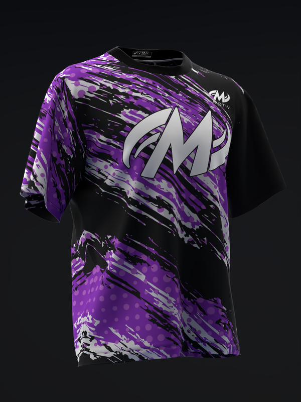 Black and purple bowling jersey with diagonal stripe and logo graphic