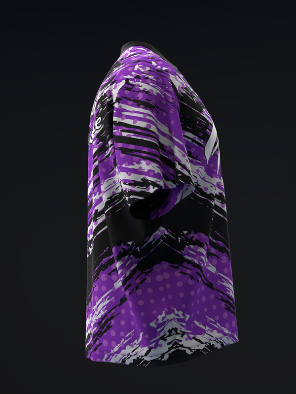 Purple and black bowling jersey with horizontal striped and splatter pattern design