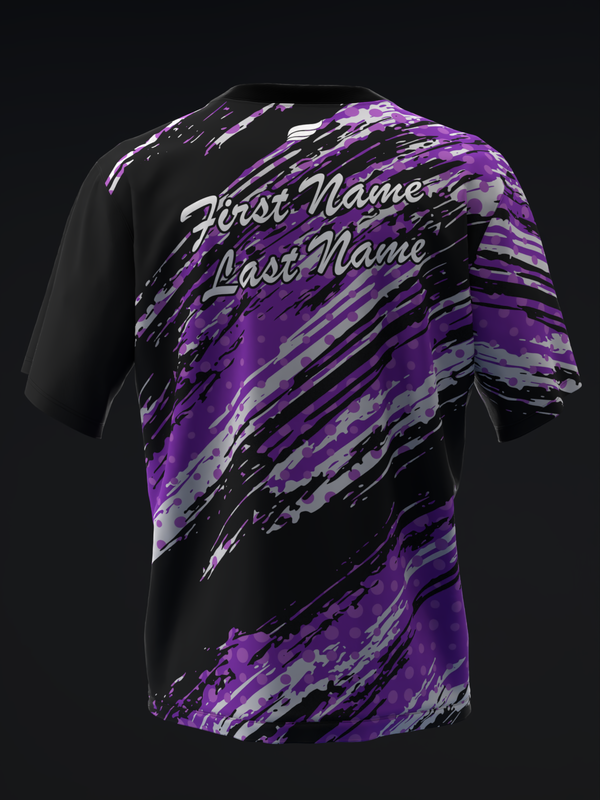 Black bowling jersey with purple and gray diagonal brush stroke design and personalized name text