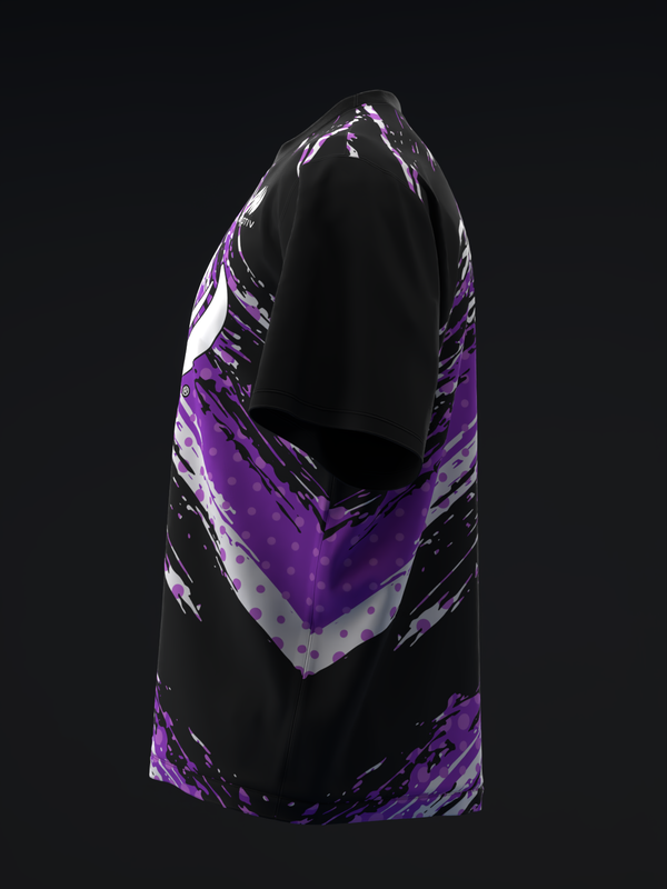 Black bowling jersey with purple and white abstract graphic pattern on sleeves