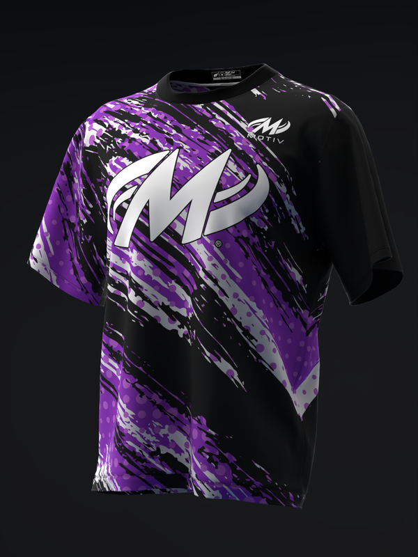 Black and purple bowling jersey with Motiv logo and abstract graphic design