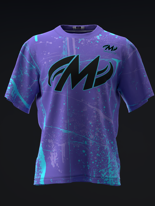 Purple bowling jersey with cyan grunge texture and black lightning bolt graphic, front view