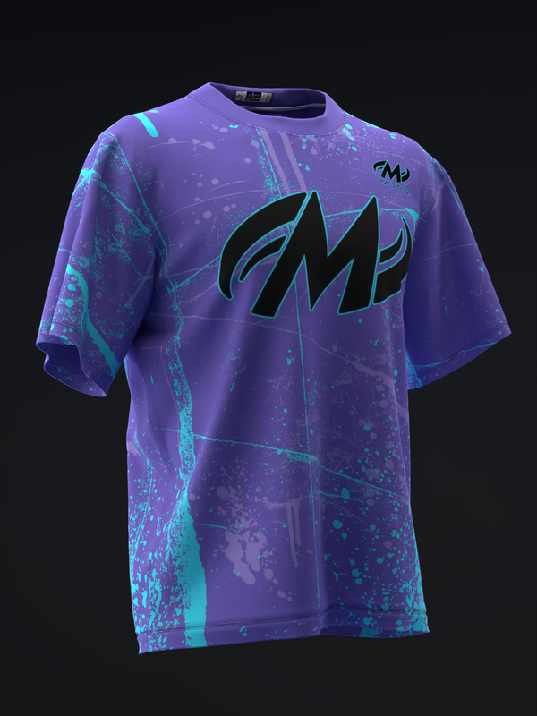 Purple bowling jersey with cyan splatter pattern and black M logo on front