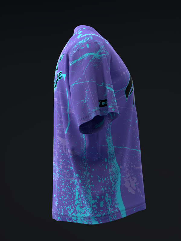 Purple bowling jersey with cyan abstract graphic design, side view