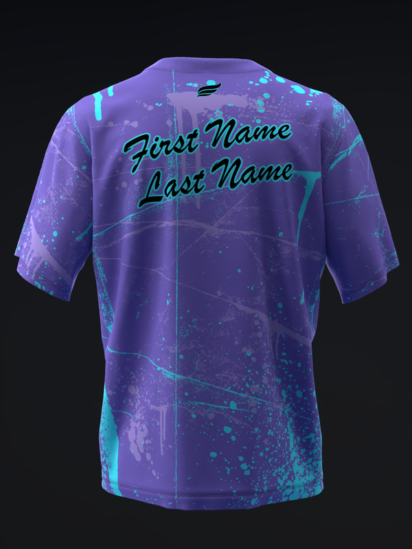 Purple bowling jersey with cyan splatter pattern and personalized name text on back