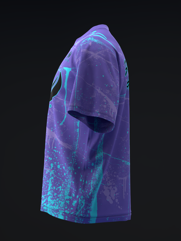 Purple bowling jersey with cyan grunge pattern and streaks, side view