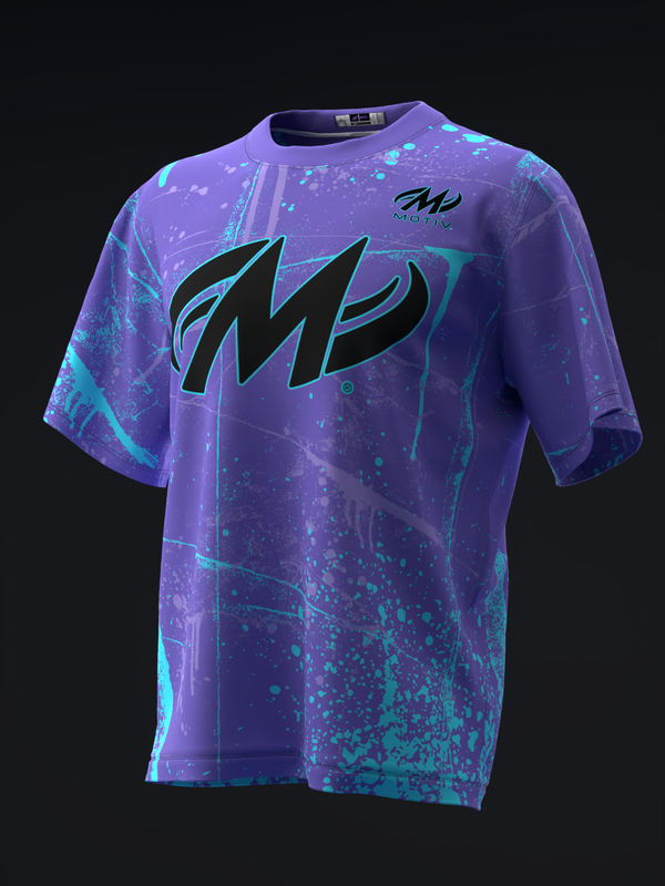 Purple and teal tie-dye bowling jersey with black lightning bolt graphic, front view