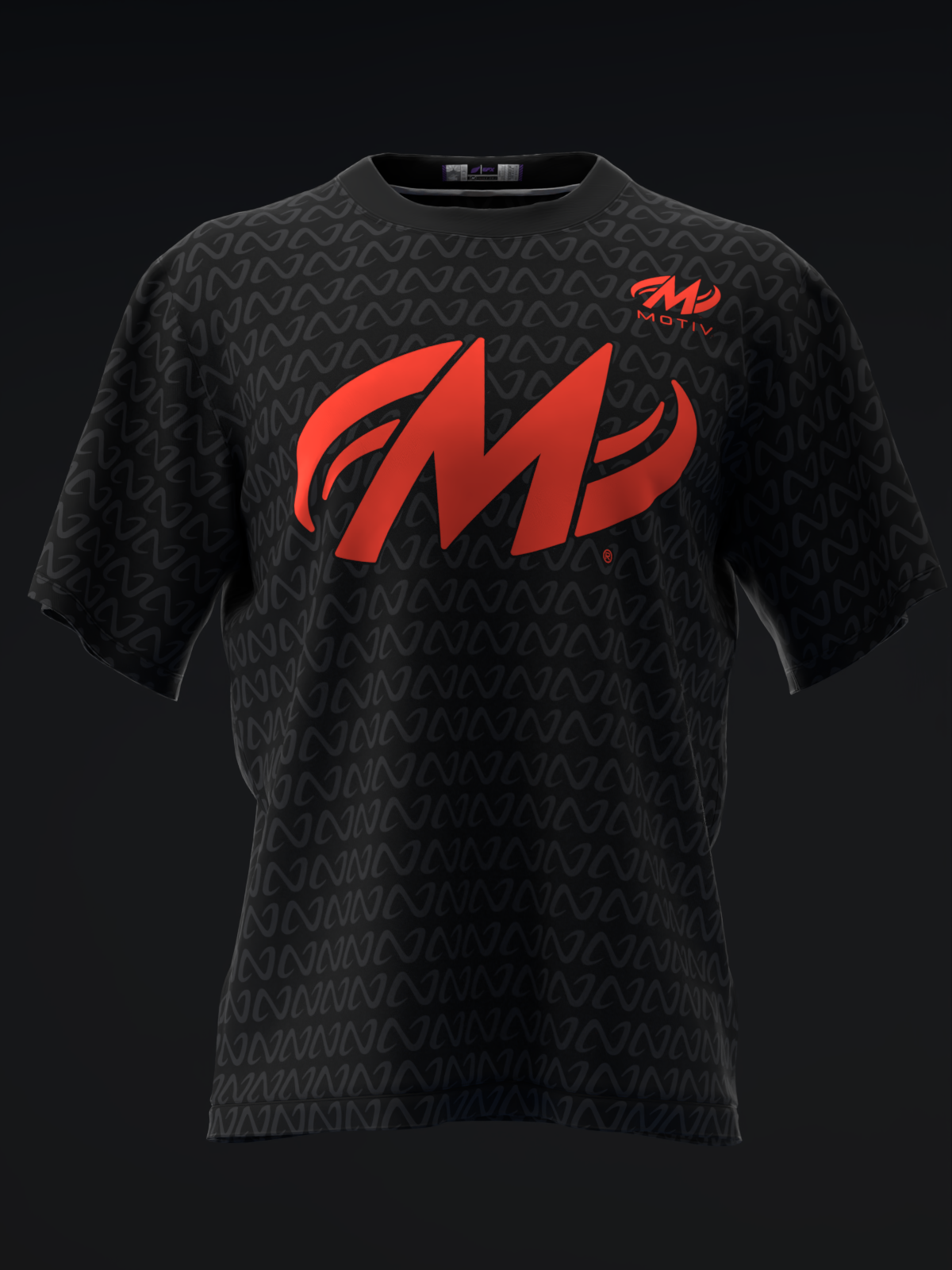 Black bowling jersey with red Motiv logo and subtle geometric pattern