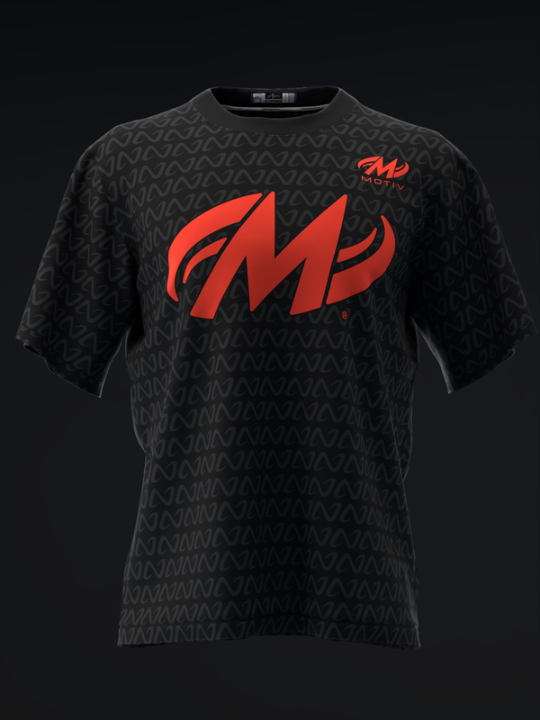 Black bowling jersey with red Motiv logo and subtle geometric pattern