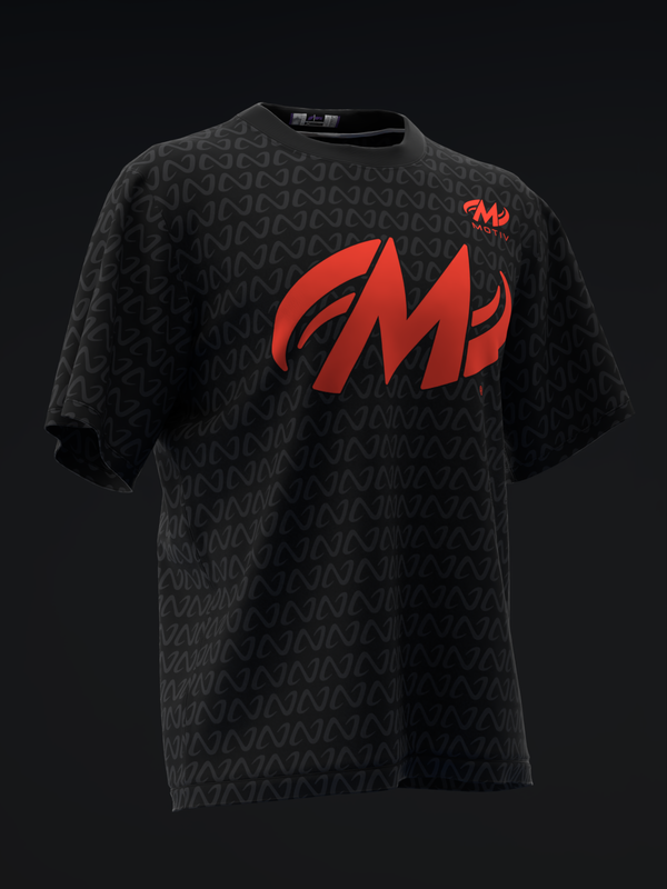 Black bowling jersey with red Motiv logo and all-over geometric pattern