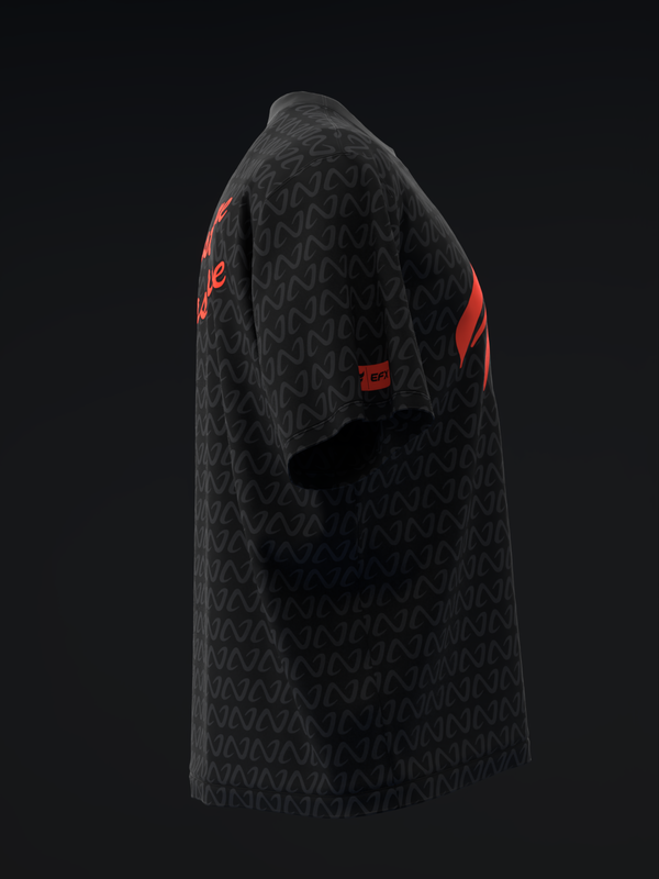 Black bowling jersey with geometric pattern and red side stripe detail