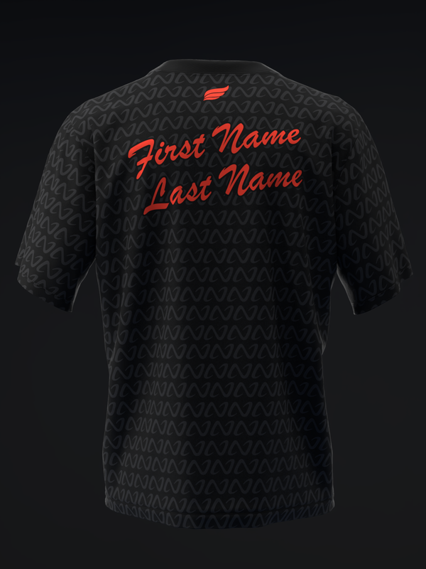 Black bowling jersey with red script text and geometric pattern, back view