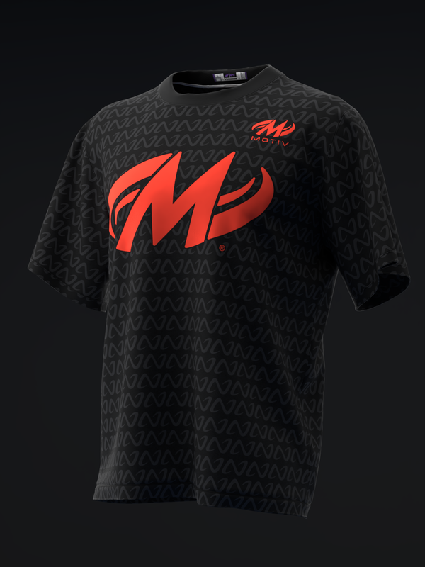 Black bowling jersey with red Motiv logo and all-over textured pattern