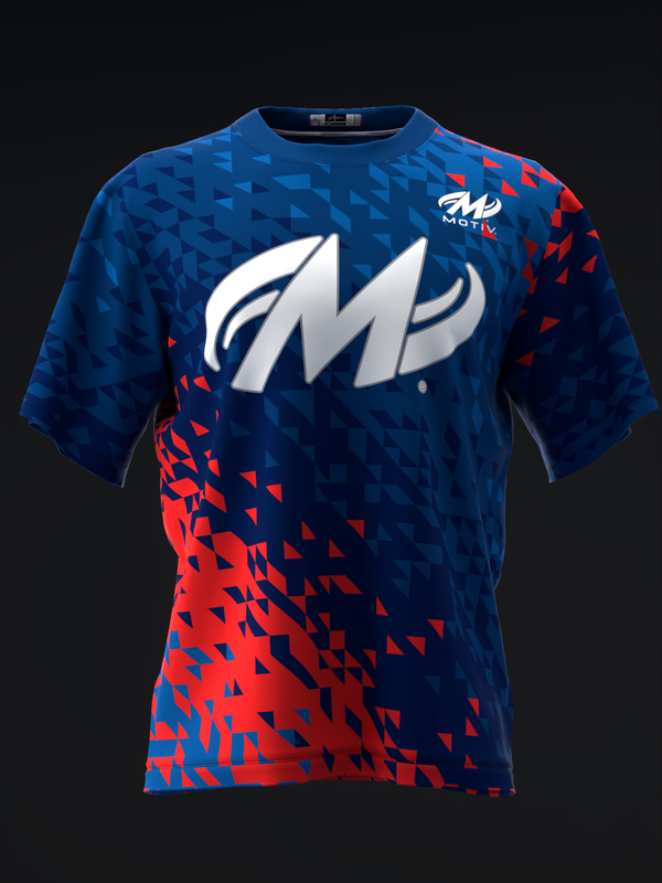 Blue and red bowling jersey with white M logo and geometric pattern front view
