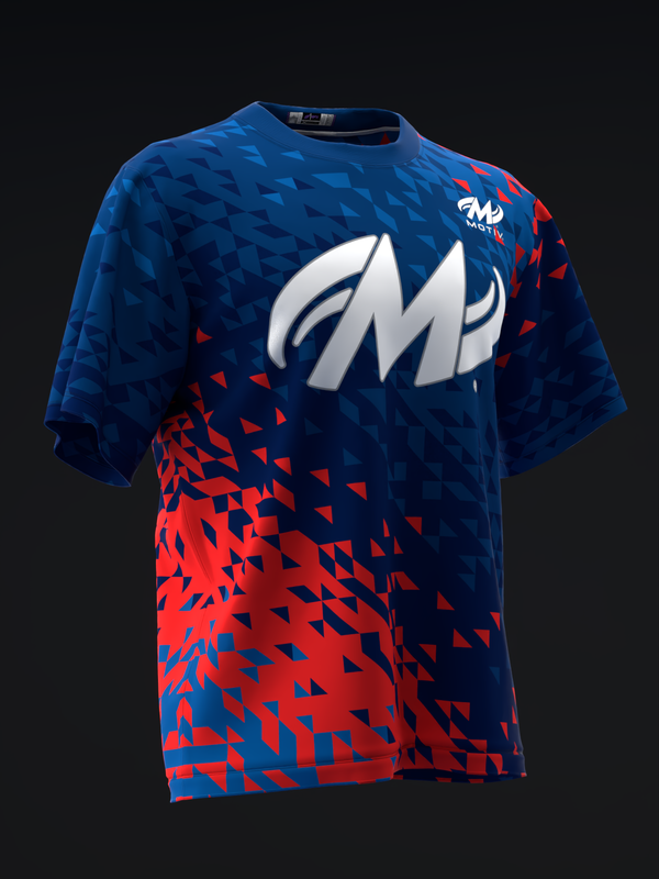 Blue and red bowling jersey with fragmented triangle pattern and white logo