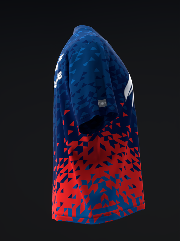 Blue and red bowling jersey with geometric triangle pattern, side view