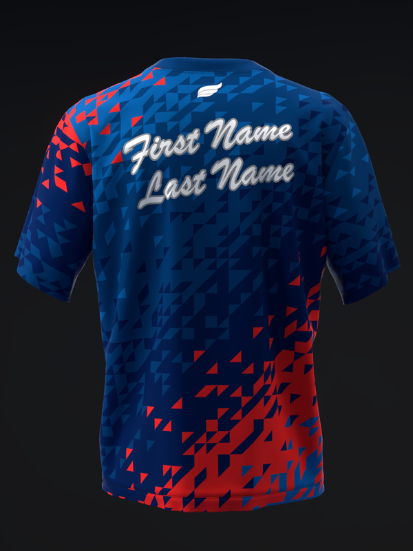 Blue and red bowling jersey back with geometric triangle pattern and nameplate