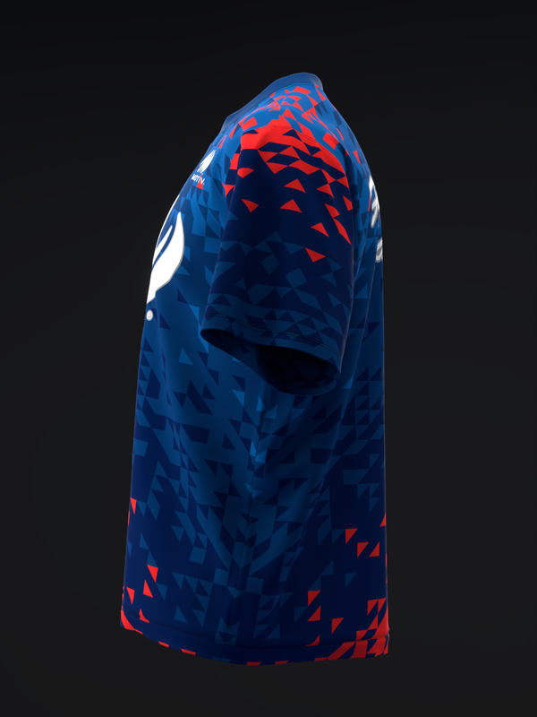 Blue bowling jersey with red triangle pattern design, side view