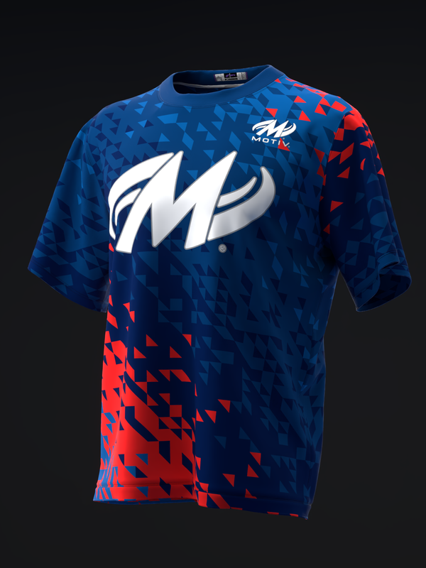 Blue and red bowling jersey with white M logo and triangular pattern design