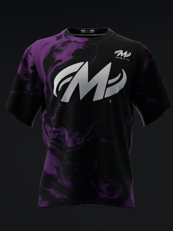 Black bowling jersey with purple abstract pattern and large white Motiv logo, front view