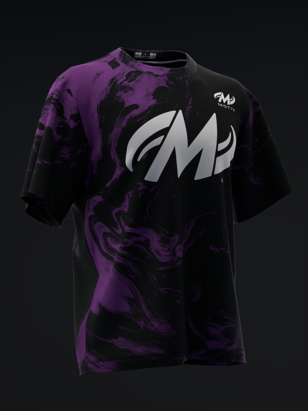 Black bowling jersey with purple marbled pattern and white logo graphic