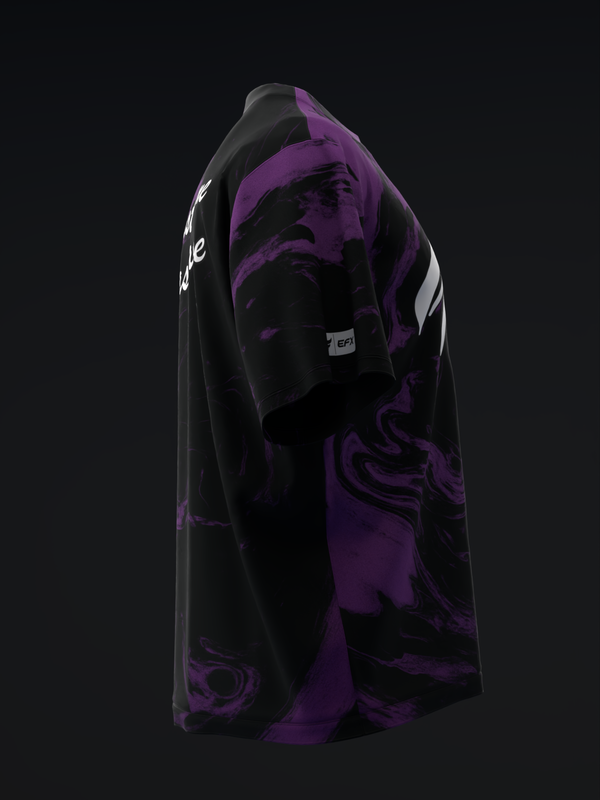 Black and purple bowling jersey with abstract swirl design, side view