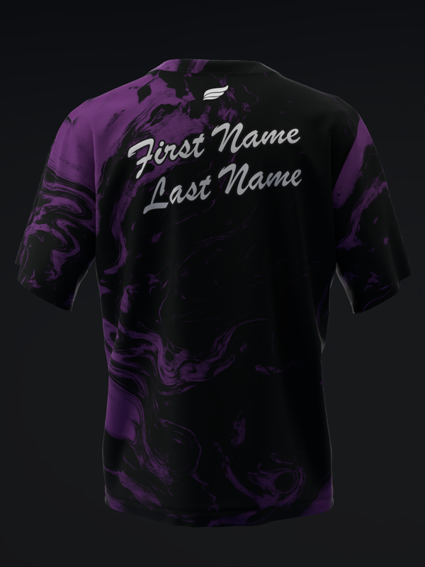 Black and purple bowling jersey with abstract swirl pattern and name personalization