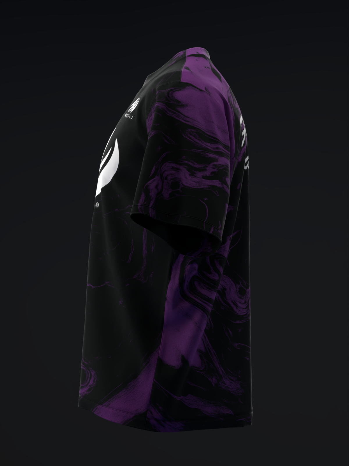 Black bowling jersey with purple abstract graphic design, side view