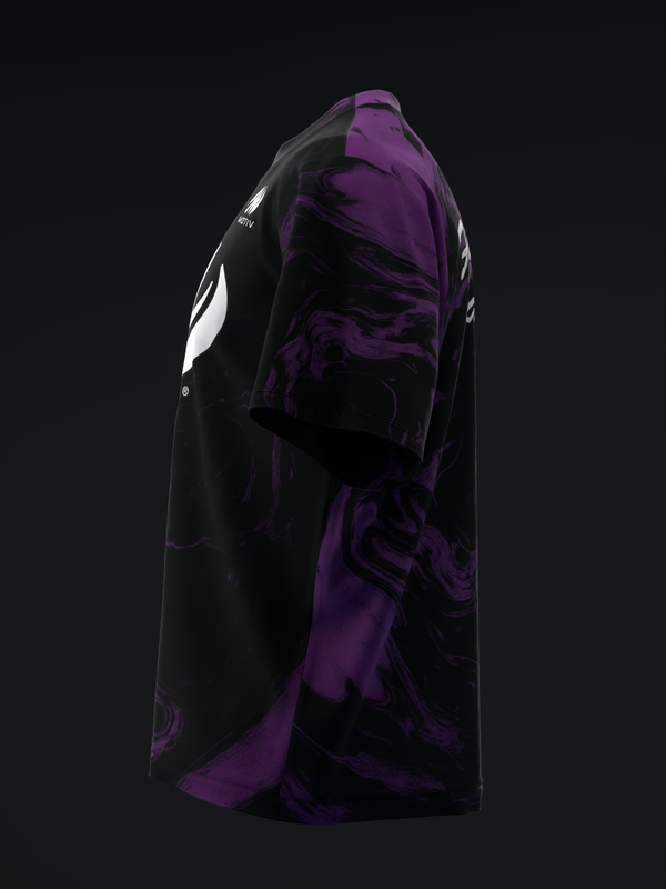 Black bowling jersey with purple abstract graphic design, side view