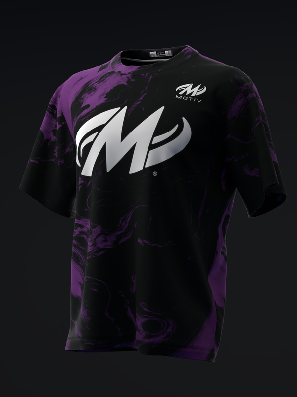 Black and purple bowling jersey with large white Motiv logo on front