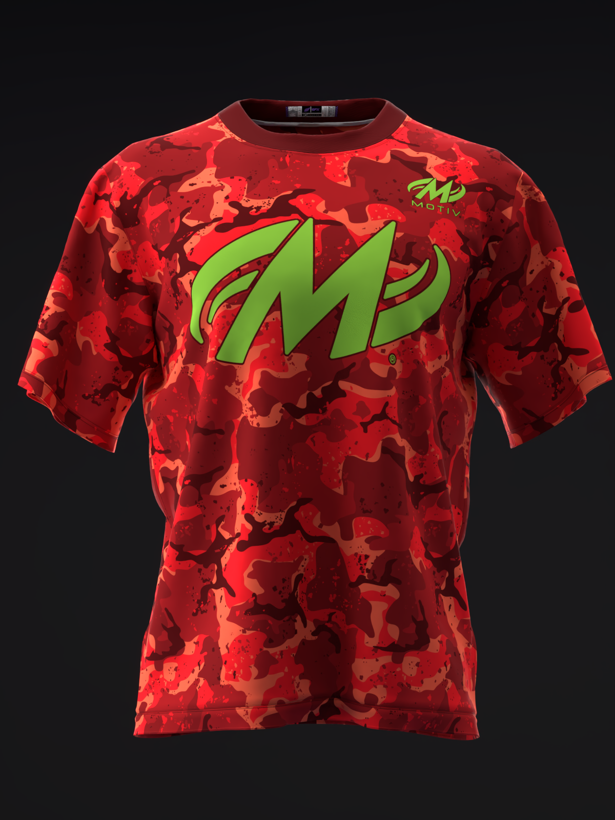 Red camo bowling jersey with lime green M logo graphic front view