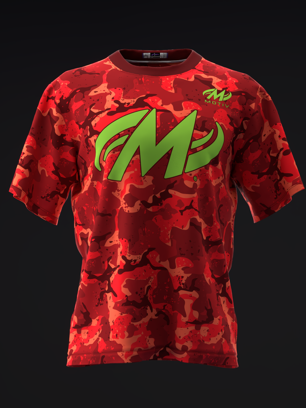 Red camo bowling jersey with lime green M logo graphic front view