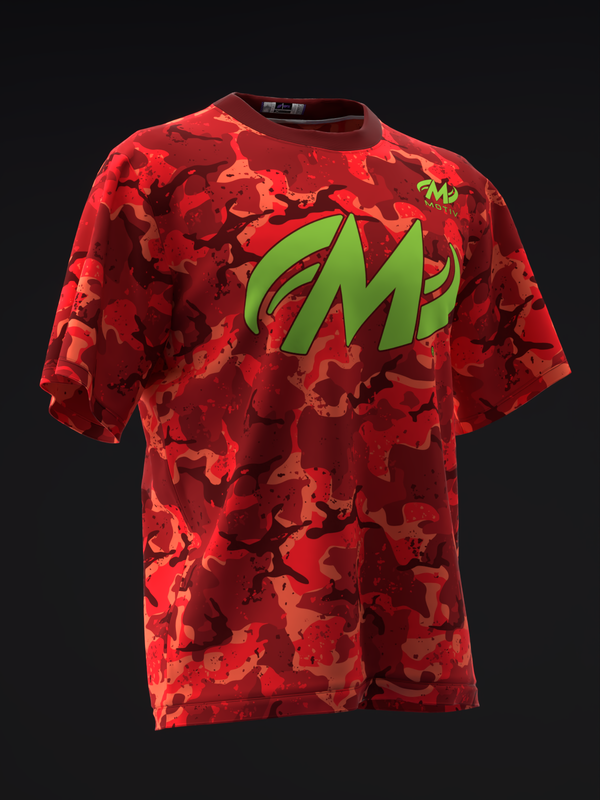 Red camouflage bowling jersey with lime green Motiv logo on front
