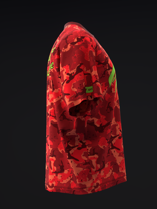 Red camouflage bowling jersey with lime green shoulder accents, side view