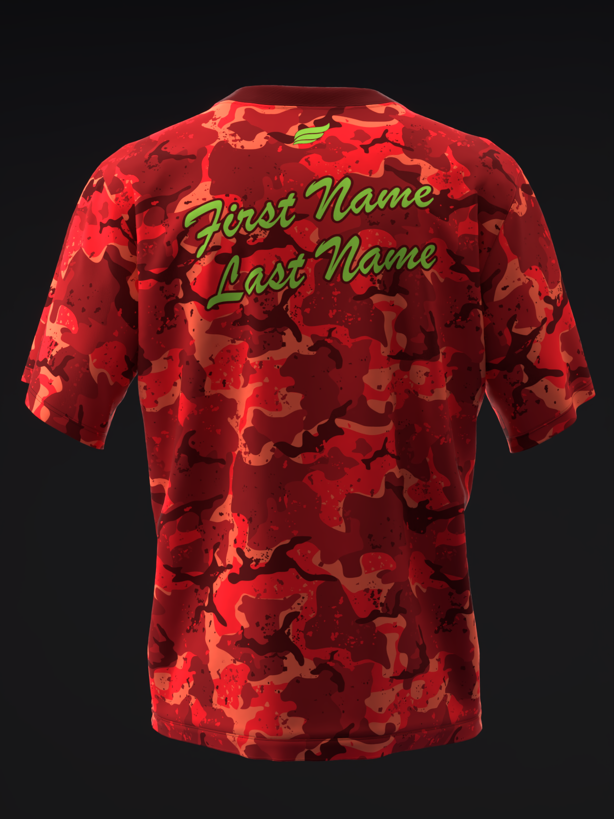 Red camo bowling jersey back view with gold personalized name text