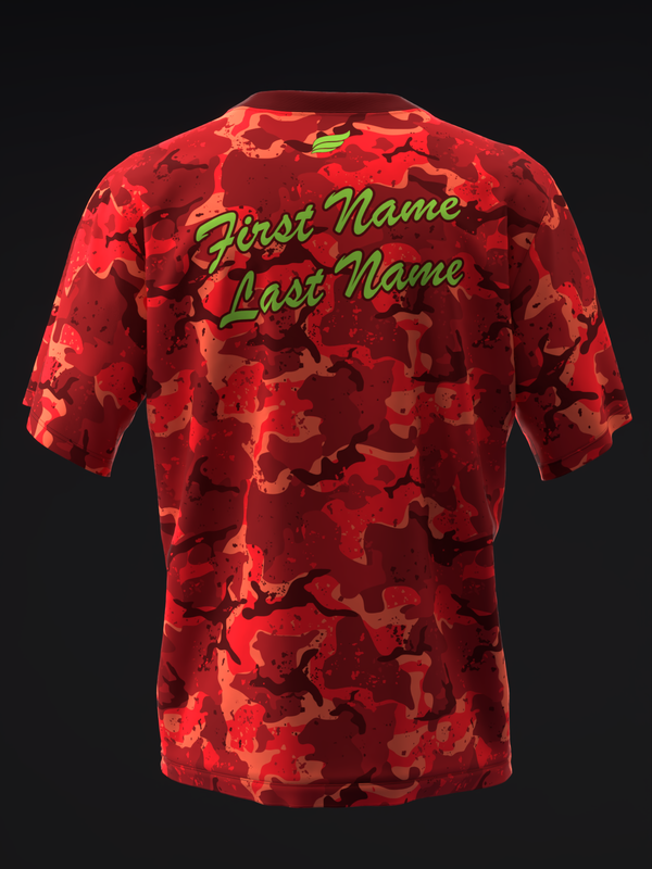 Red camo bowling jersey back view with gold personalized name text