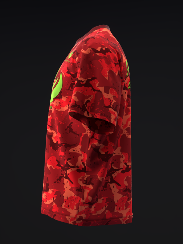 Red camo bowling jersey with neon yellow shoulder accent, side view