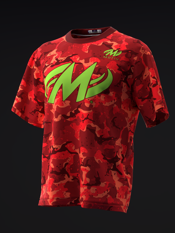 Red camo bowling jersey with lime green Motiv logo graphic, front view