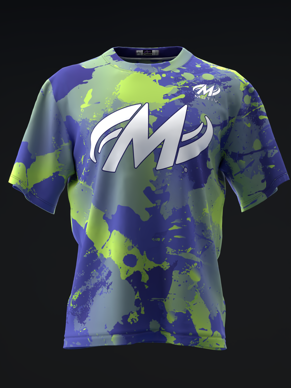 Bowling jersey with purple, lime, and gray splatter pattern and white M logo