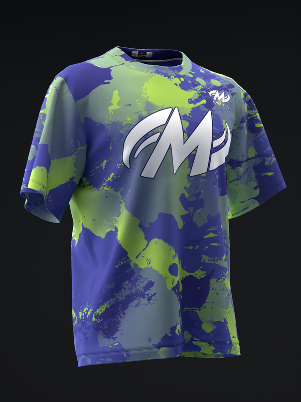 Bowling jersey with blue and lime green splatter pattern and white logo, front view