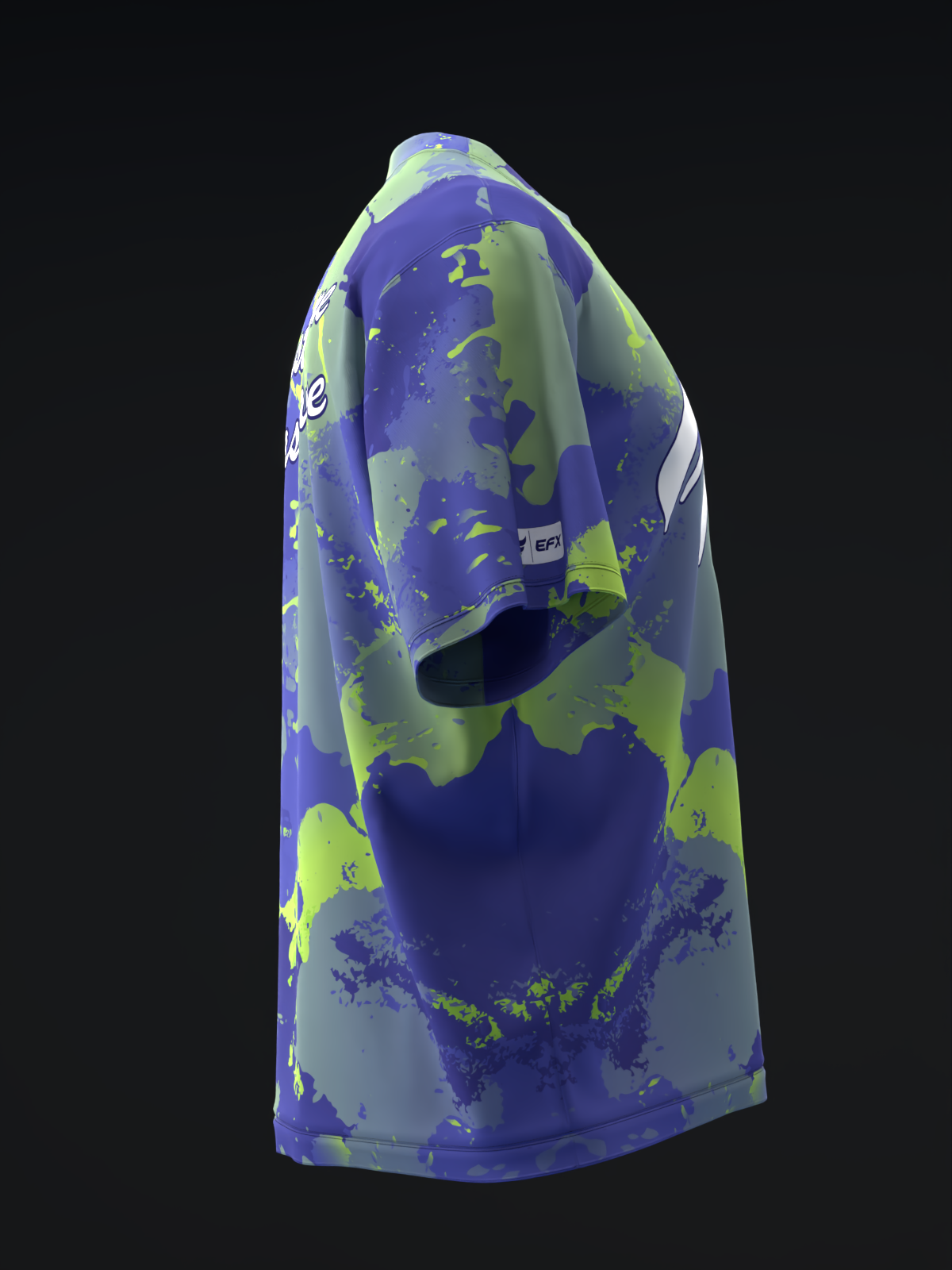 Purple and lime green bowling jersey with abstract splatter pattern, side view