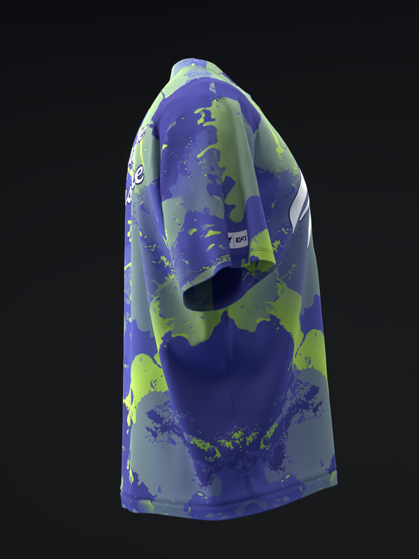 Purple and lime green bowling jersey with abstract splatter pattern, side view